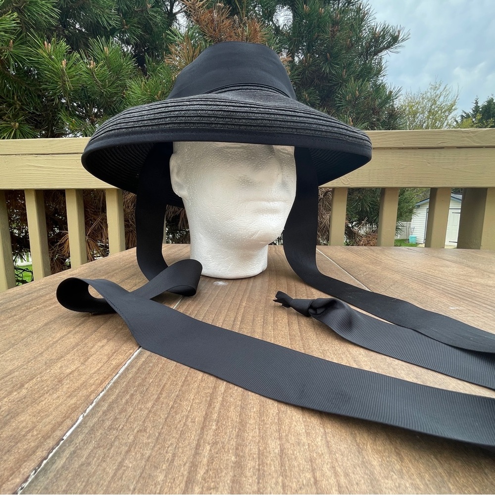 Elegant Black Wide-Brim Hat with Ribbon Hepburn style open top adjustable